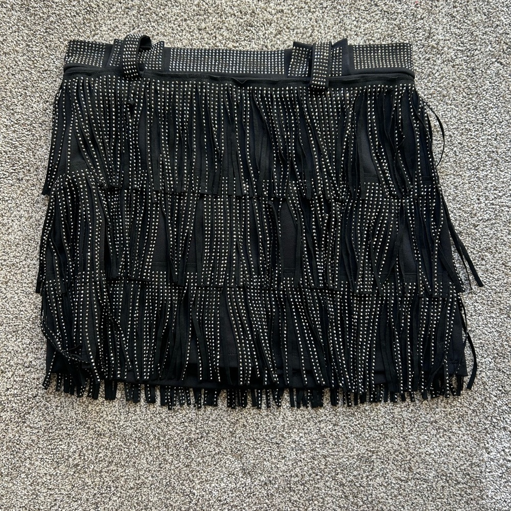 Studded Fringe Mini Skirt - Black